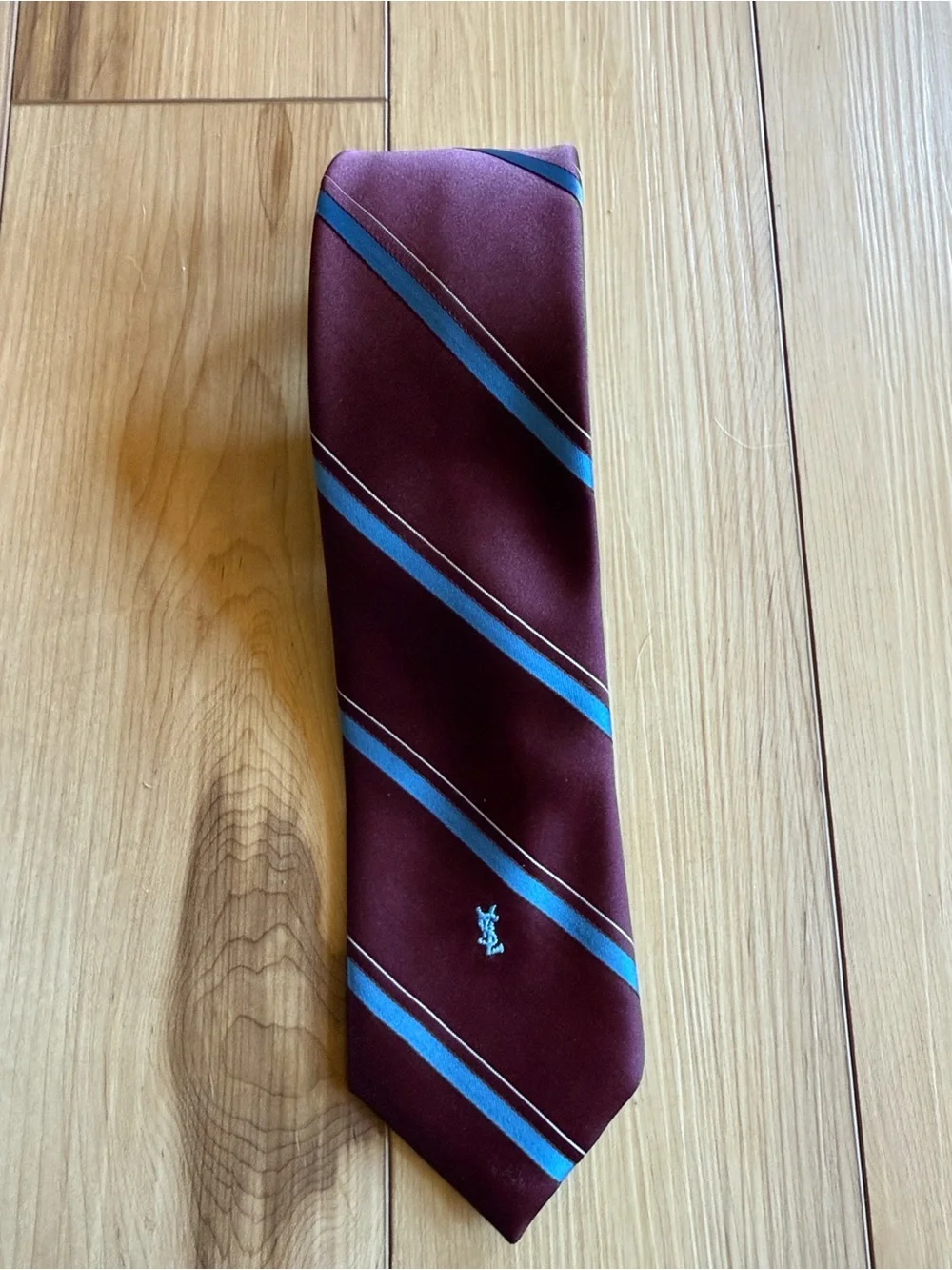 Yves Saint Laurent Burgundy Tie with Light Blue Stripe Accents